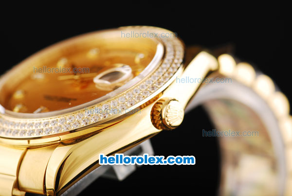 Rolex Day-Date II Automatic Movement Full Gold with Double Row Diamond Bezel-Gold Dial and Diamond Markers - Click Image to Close